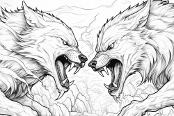 2 male wolfs fighting one is fat and losing the other is lean beautiful and winning