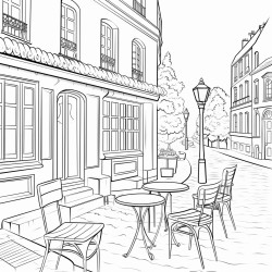 a small bistro table on a quiet street with a cup of coffee a croissant and a notebook