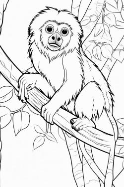 cottontop tamarin leaping between branches in a jungle with tall trees and hanging vines in the background
