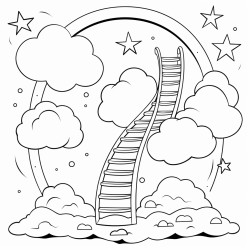 una escalera hacia un cielo estrellado con formas circulares y tiernas alrededor