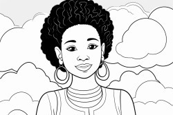 a simple black  white line art color by number oloring page illustration of an black girl smoling