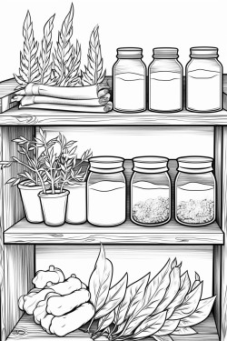 open wooden shelves display mason jars filled with grains dried herbs and spices