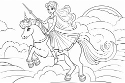 princess riding a unicorn on the clouds with rainbow in the background