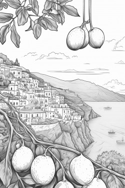 view of amalfi coast with 5 large lemons hanging in foreground