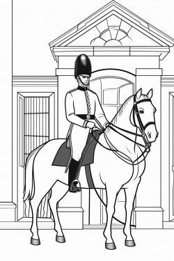 united kingdom kings guard in sentry box wearing his uniform on a horse
