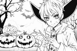a anime demon boy with horns and tail  eating helloween candy and there ghost in the background