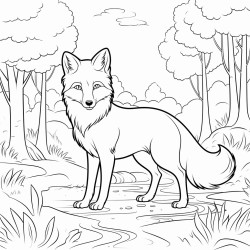 coloring page fox standing near a stream with trees in the background no shading high details thick lines