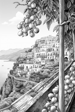 view of amalfi coast with a few large lemons hanging from vines overhead