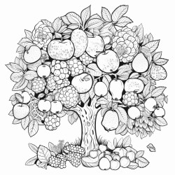 create a tree with fruits and flower capture everything in detail