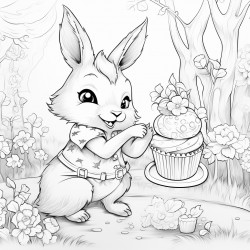 female rabbit eating a cupcake in a park