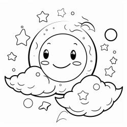 a serene planet with a ring system adorned with cute clouds and a smiling sun