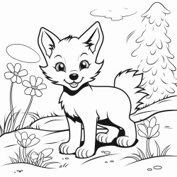 a baby wolf playing in the woods