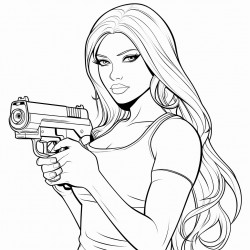 a beautiful chick with long hair holding a gun