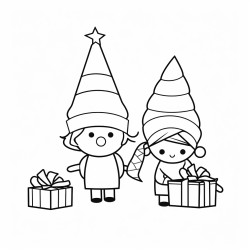 very minimalistic simple childrens coloring page with continuous thick lines and with no greyscale no background and no shading of 2 kawaii style gnomes wrapping christmas gifts near a christmas tree