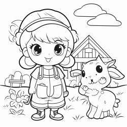 cute kawaii granjero en el campo con sus animales adorables