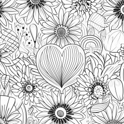 seamless pattern flowers hearts geometric shapes line art black and white mandala repeating pattern