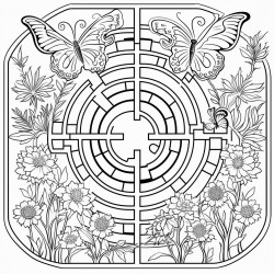 a complex labyrinth set in a garden with flowers and butterflies along the path