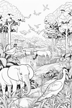 a vibrant scene showing a variety of forest and jungle endangered animals in their natural habitats