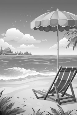 a spacious beach scene with a large umbrella and big waves