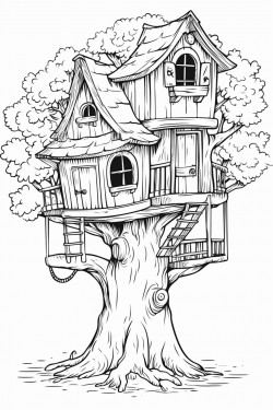 treehouse coloring page nature ilustration
