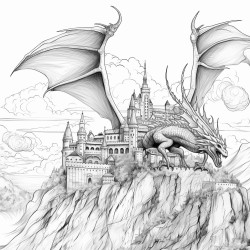 a dragon flying over a castle
