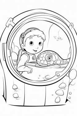 a child in a submarine peering through a window at colorful fish and a sea turtle swimming by