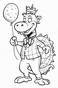 a dancing alligator holding balloons with a dancing zebra at a tea party in a simple coloring book style coloring page