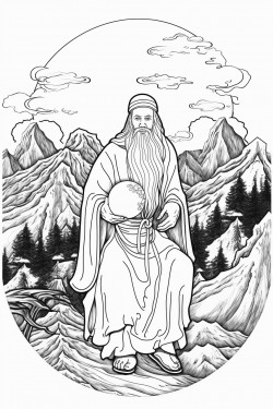 mystical mountain with two moons and a monk