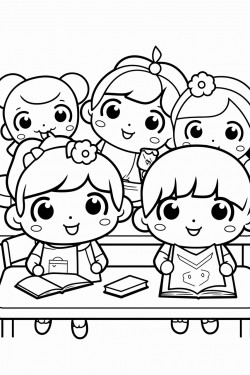 cute little kawaii characters learning in a safe friendly classroom