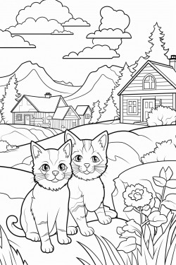 2 bengals and one cocker spaniel in a village between rolling hills and whispering trees