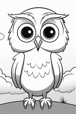 smiling cartoon drawn owl standing in front of a sunrise