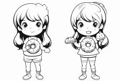 cute girl cartoon standing eating donuts coloring page style