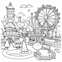 a kawaii amusement park with abandoned rides and spooky attractions