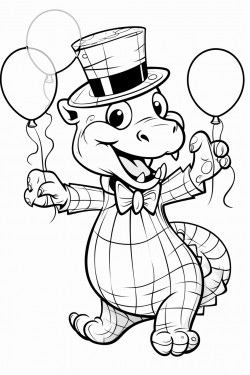 a dancing alligator holding balloons beside a dancing zebra at a tea party in a simple coloring book style