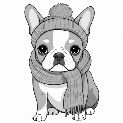 grey angrey and white french bulldog puppy with a grey and pink woolen hat and a pink woolen collar