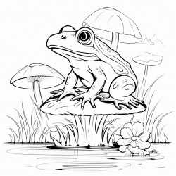 frog sitting on a mushroom drinking tea by the lake