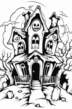 haunted house with ghosts coming out of the windows