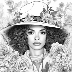 african american woman in fall clothes with pocketbook hat jewelry and makeup with floral background coloring page