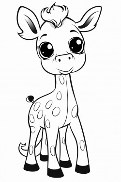 black and bright white whimsical cartoon baby giraffe full body on white background coloring page