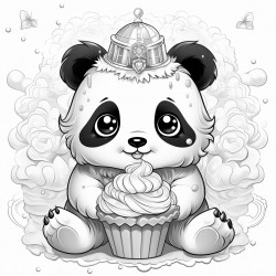 teenage panda with long eyelashes wearing a princess tiara eating a large ice cream cone on the beach