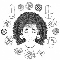 a mixed colouring page with images of self care items young girls of all races teen items and mandalas