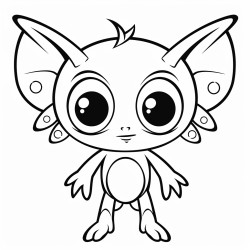 alien animal with 4 legs and 4 arms with wings and twinkling cute eyes white background kids colouring pageno shadows