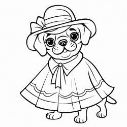 pug wearing a dress and a sunhat