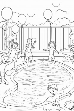 pool party scene with kids swimming splashing and diving