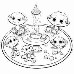a group of aliens having a tea party on a flying saucer surrounded by snacks