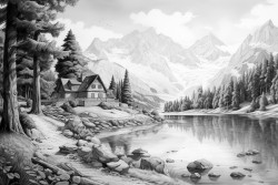 forest beside mountains and lake beside  house