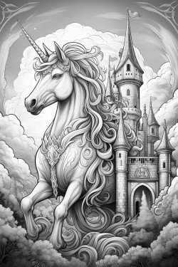 a castle in the clouds and a flying unicorn