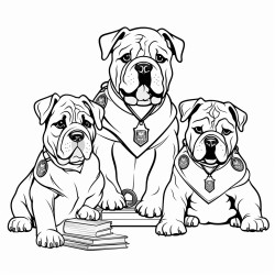 create a school safety coloring page that includes english bulldog puppies as the students