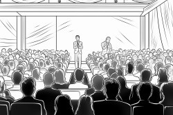 a woman in a suit on stage at a business conference in front of a bunch of people in the audience