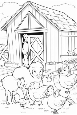 a cute barn with numerous cute animas as cow hen horse duck turkey sheep and donkey